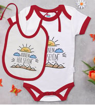 BK Kids Annem Her Şeyim Tasarımlı Kırmızı Bebek Body Zıbın ve Mama Önlüğü Hediye Seti-1