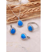 Opal Taşlı Damla Gümüş Üçlü Set 2417 (Mavi)
