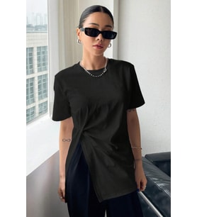 Kadın Asimetrik Tişört Yırtmaçlı Basic Oversize Kısa Kollu Modern Şık T-Shirt