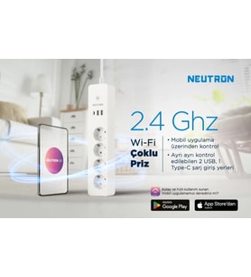Neutron NTL-SW07 Akıllı Priz Wi-Fi Destekli 4'lü Akım Korumalı Priz 2 USB 1 Type C Girişi Her Priz Ayrı Ayrı Kontrol