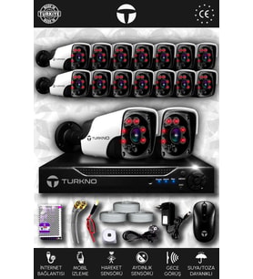 TURKNO 16 Kameralı Pania 16 Dış Kamera Set HDD'siz Full HD Gece Görüşlü Güvenlik Kamerası Sistemi