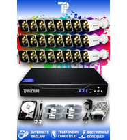 PICAM 24 Kameralı Kare 24 Dış Kamera Set 250 GB HDD Full HD Renkli Gece Görüşlü Güvenlik Kamerası Sistemi