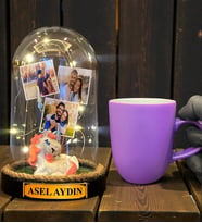 Kişiye Özel Tasarım Led Işıklı Fanus ve Mor Kupa Bardak Hediye Seti (Model 5)
