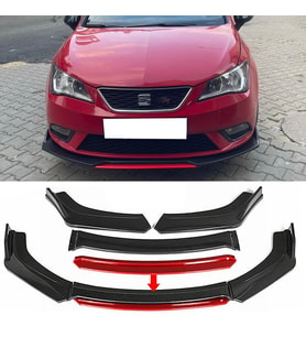Seat Leon Mk3 Kırmızı Renkli Şeritli Dilli Ön Lip 4 Prç Parlak Siyah ABS