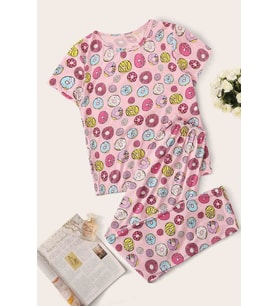 Merry See Kısa Kollu Alt Uzun Donut Baskılı Pijama Takımı
