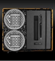 İkili Desenli Porselen Fincan Takımı & Kişiye Özel Defter & Deri Kılıflı Touch Pen Kalem Seti