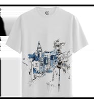 Blue Cityscape - %100 Pamuklu Kadın Beyaz Tişört - Premium Quality (Siyah - Beyaz)