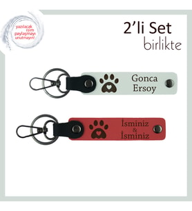 Patili Kalpli 2’li Deri Anahtarlık Takımı, Sevgiliye Kişisel Hediye, İsim Yazılabilir, Beyaz-Nar