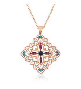 Gümüş Rose Etnik Desenli Madalyon Kolye  SL3327