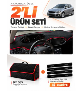 PEUGEOT 308 (2014-2021) Uyumlu Torpido Örtüsü + Tay Tüyü Bagaj Çantası + Sticker Seti - Siyah Kırmızı