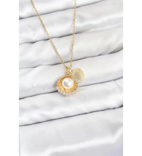 316L Çelik Zincir Gold Renk İncili Deniz Kabuğu Model Zirkon Taşlı Kadın Kolye - TJ-BKO10911