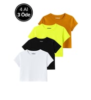 Kadın 4'lü Paket Oversize Crop Tişört %100 Pamuk Bisiklet Yaka T-Shirt