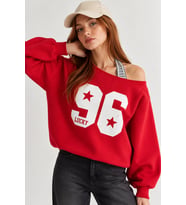 Kadın Lucky 96 Baskılı Kayık Yaka Çift Görünümlü Sweatshirt - Kırmızı