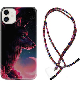Apple iPhone 11 12 13 Mini Kılıf Boyun Asklı Rasta Silikon Wolf and Moon 1380