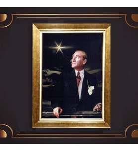 Altın Varaklı Çerçeveli Paspartulu Atatürk Tablo z4738 (Gold)