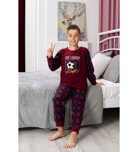 Yeni Sezon Sonbahar/Kış Erkek Çocuk Top Desenli Polar Pijama Takımı 4512 (Bordo)