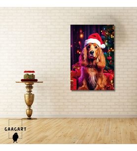 Tekli Dikey Kanvas Duvar Tablosu Yılbaşı Hediyesi Noel Baba Kostümlü Cocker