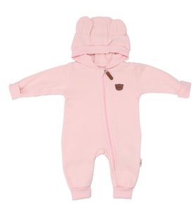 Kız Bebek Pudra Baby Ayıcık Armalı Kapüşonlu 3 İplik Fermuarlı Tulum