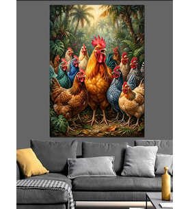 Bahçede Tavuklar Ve Horoz Topluluğu Dekoratif Kanvas - Mdf Ahşap Tablo