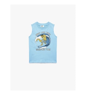 Koton Pamuklu Bsiklet Yaka Baskılı Mavi Erkek Çocuk Kolsuz T-shirt 6Skb30020Tk