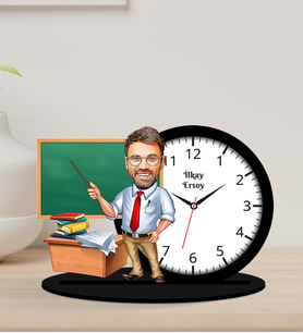 Kişiye Özel Karikatürlü Öğretmen Ahşap Biblo Masa Saati