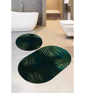 Yeşil Yapraklar Banyo Halısı Klozet Oval Paspas Seti BS091