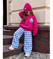 Hot Choc Baskılı Fuşya Sweatshirt Mavi Pötikare Eşofman Alt Üst Takım Süper Kalite