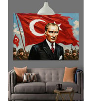 Bayrak Önünde Atatürk Portresi Dekoratif Kanvas - Mdf Ahşap Tablo