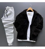 Unisex Siyah Peluş Polar Hırka Gömlek Gri Eşofman Altı Takım (Siyah-Gri)