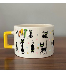 Cat Love Baskılı Sarı Kulplu C Fincan