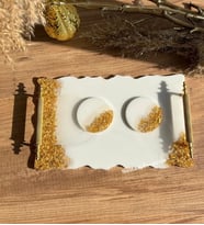 Altın Varaklı Dalgalı Iki Kişilik Söz Nişan Damat Epoksi Sunum Tepsisi Ve Yüzük Yükseltici Seti (Beyaz - Altın Rengi)