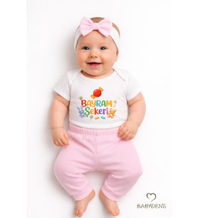 BABYDEN'S Kız Bebek Bayramlık 3'lü Takım Bayram Şekeri Baskılı Pamuklu Body Pantolon Fiyonk Saç Bandı Kombini