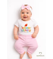 BABYDEN'S Kız Bebek Bayramlık 3'lü Takım Bayram Şekeri Baskılı Pamuklu Body Pantolon Fiyonk Saç Bandı Kombini