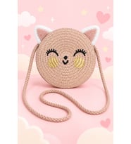 Kız Çocuk Kedi Yumuşak Tüylü Kulak Yuvarlak Hasır Omuz Çantası Hasır Askılı Mini Çapraz Çanta ölç:15*15 cm