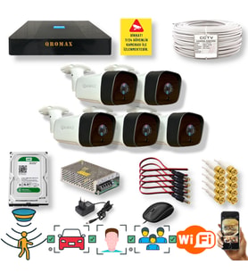 5 KAMERALI SET - ARAÇ İNSAN YÜZ TANIMALI HAREKET ALGILAYAN GECE GÖRÜŞLÜ 36 IR LED 5MP SONY LENSLİ 1080P FULL HD METAL KASA GÜVENLİK KAMERASI SETİ 5236