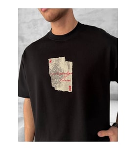 Ön Ve Arka Baskılı Oversize Bisiklet Yaka T-shirt - Siyah