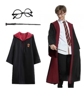 Mey İthalat® Harry Potter Gryffindor Kapişonlu Çocuk Kostüm + Asa + Gözlük Seti 5-6 Yaş