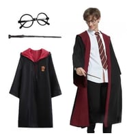 Mey İthalat® Harry Potter Gryffindor Kapişonlu Çocuk Kostüm + Asa + Gözlük Seti 5-6 Yaş