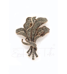 Bronz Renk Markazit Taşlı Buket Broş (Altın)