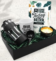 Özel Tasarım Kupa & Özel Tasarımlı Defter & French Press & Siyah Mum Hediye Seti