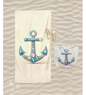 Anchor Çapa Desenli Plaj Havlusu Ve Plaj Çantası Set Banyo Havlusu Dijital Baskılı Havlu Çanta Bag (Bej)