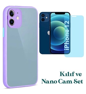 Apple iPhone 12 Uyumlu Montreal Kılıf Ve Nano Cam Ekran Koruyucu Set (Lila)