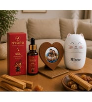 NYORA Kişiye Özel Ahşap Kalp Çerçeve Meow Temalı H2O Hava Nemlendirici Cihaz Gül Kokulu 20 Ml Damlalıklı Aroma Terapi Esansiyel Yağ