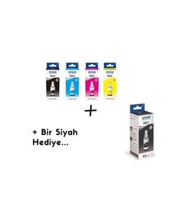 T664 Ecotank L605 Siyah Sarı Mavi Kırmızı 4 Renk Orjinal Mürekkep Kartuş Takımı + 1 Siyah Hediye