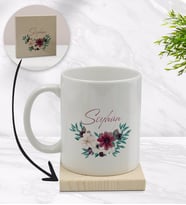 BK Gift Kişiye Özel Çiçek Tasarımlı Beyaz Kupa Bardak ve Ahşap Bardak Altlığı Hediye Seti - Model 25