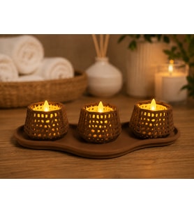 3D Baskı Dekoratif Mumluk Seti - Desenli Tealight ve Masaüstü Aydınlatma Objesi-Kahverengi