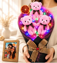 Doğum Günü Hediyesi Kişiye Özel Fotoğraflı Renkli Led Işıklı Peluş Ayıcık Buketi (Pembe)