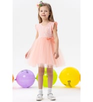 Breeze Kız Çocuk Elbise Çiçek Nakışlı Fiyoklu Tüllü 3-8 Yaş, Somon
