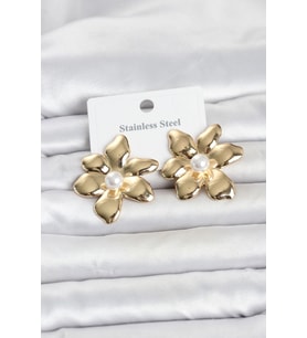 316L Çelik Gold Renk İncili Lotus Model Kadın Küpe