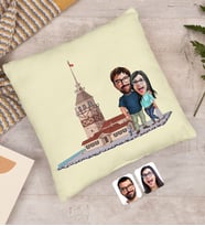 BK Gift Kişiye Özel Sevgililer Kız Kulesi Karikatürlü Beyaz Yastık-1